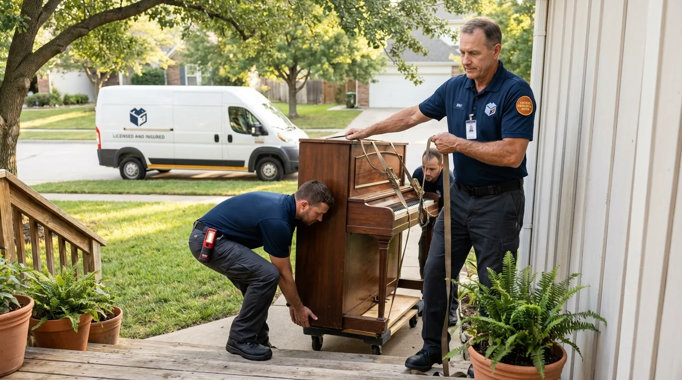 Licensed piano movers securing grand piano in Shawnee, OK