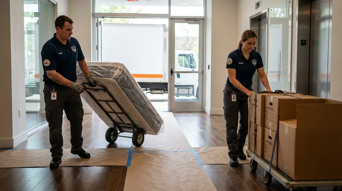 Professional apartment movers loading elevator in Shawnee, OK